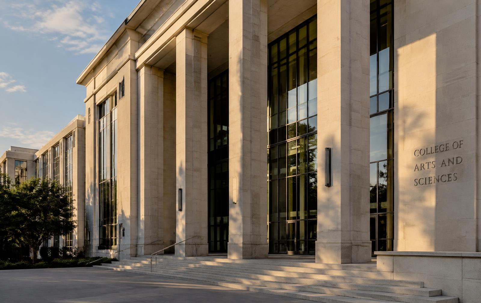 Institutional university architecture in late afternoon light